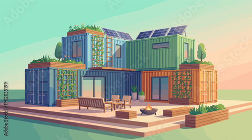 Illustration of a modern eco-friendly container home with solar panels and a green roof. Concept for sustainable architecture, alternative housing, and renewable energy.