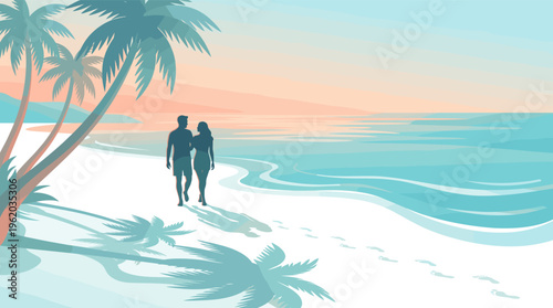 Silhouette of a romantic couple on a tropical beach at sunset. A serene illustration of love, vacation, and travel. Ideal for honeymoon, holiday, or relationship concepts.