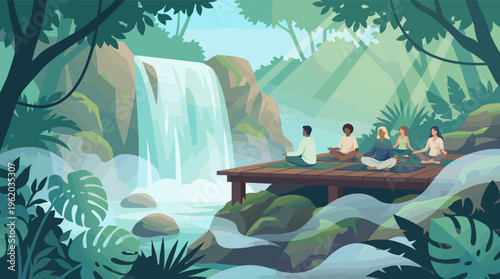 People practicing yoga and meditation in a peaceful jungle retreat. The tranquil waterfall and lush nature create a serene atmosphere for wellness and relaxation.