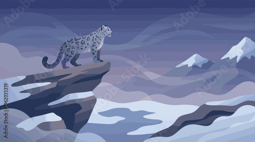 A majestic snow leopard stands on a cliff overlooking a serene, snowy mountain range. Vector illustration for wildlife, conservation, or nature themes.