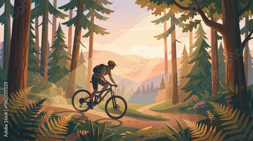 Vector illustration of a man on a mountain bike riding through a pine forest at sunset. Evokes adventure, freedom, and an active outdoor lifestyle.