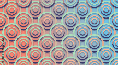 Abstract background with a retro geometric pattern of concentric circles. A warm coral to cool blue gradient creates a soothing, vintage mood. Perfect for web design or print.