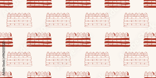 Seamless pattern of mille feuille desserts with puff pastry layers and strawberries. Red line art vector background for bakery, cafe menu, sweet packaging design. Hand drawn food art isolated on beige