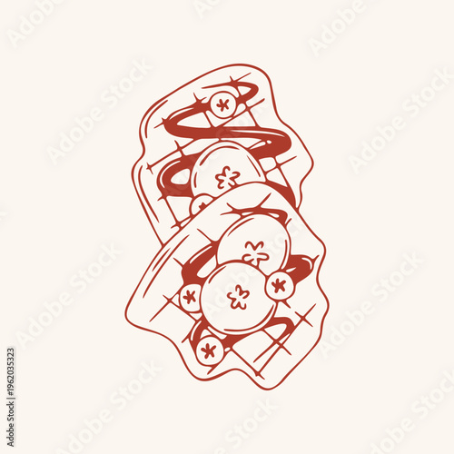 Vienna waffles with chocolate syrup, banana slices and blueberries in red line art style. Vector illustration for bakery and cafe menu. Minimalist hand drawn dessert icon isolated on beige.