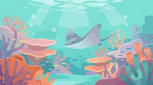 A charming vector illustration of a friendly stingray swimming in a vibrant coral reef. This peaceful underwater scene is perfect for children's books or nature themes.