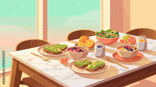 A vibrant illustration of a healthy breakfast table. Vegan food like avocado toast, smoothie bowls, and fruit on a sunlit morning. Perfect for wellness and food blogs.