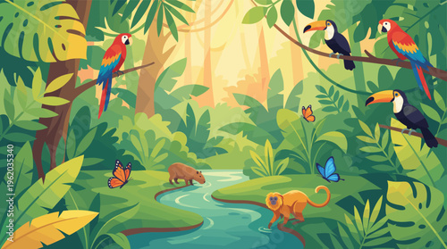 A vibrant, colorful illustration of a lush jungle scene. Exotic animals like parrots, toucans, a monkey, and a capybara gather by a river. Perfect for kids' content or travel themes.