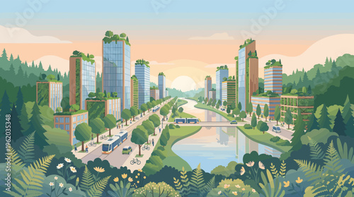 Futuristic green city with sustainable architecture, vertical gardens, and clean transport. A utopian vision of eco-friendly urban living, nature, and technology in harmony.