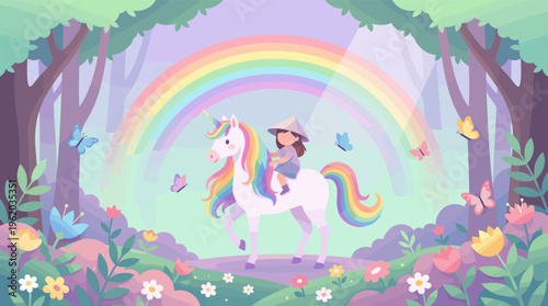 A cute girl rides a beautiful rainbow unicorn through a magical, enchanting forest. Whimsical fantasy illustration perfect for children's stories and dreamy designs.