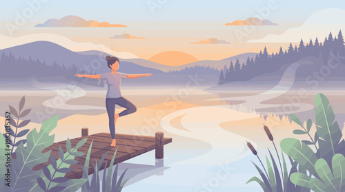 A woman practices yoga on a wooden pier at sunrise. Serene nature landscape illustration for wellness, mindfulness, and mental health concepts.