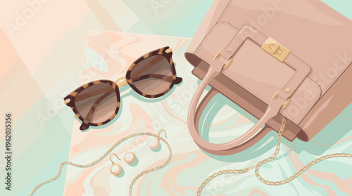 Elegant flat lay illustration of stylish women's fashion accessories. Features a pink handbag, sunglasses, and jewelry on a pastel background. For fashion, beauty, or lifestyle blogs.