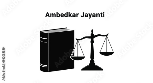 Black and white vector graphic illustration celebrating Ambedkar Jayanti featuring a large book and scales of justice
