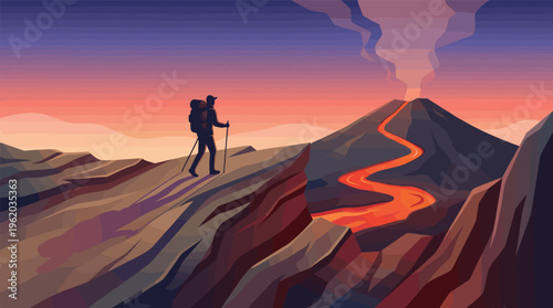 A hiker silhouette watches an erupting volcano with lava at sunset. Vector illustration for adventure, challenge, and exploration concepts. Epic and dramatic landscape.