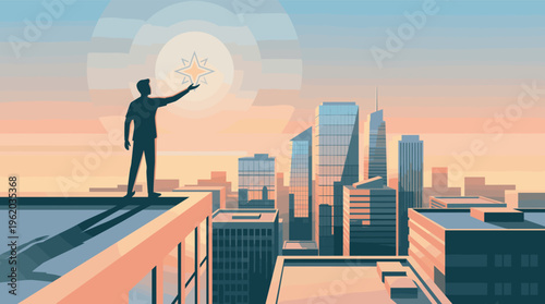 A visionary businessman silhouette on a rooftop reaches for a star, symbolizing goals and ambition over a modern city. Concept for success, leadership, and future strategy.