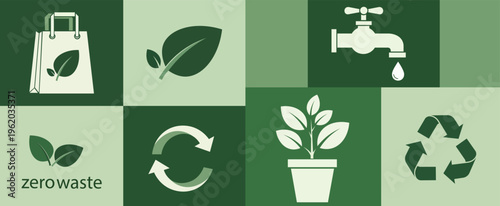Eco-friendly icons representing sustainability, recycling, and zero waste principles