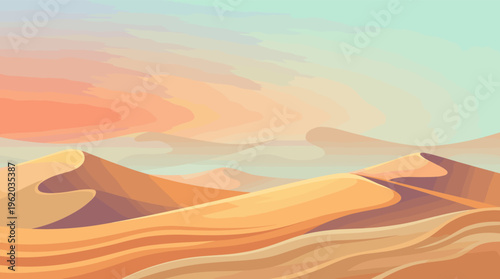 A beautiful desert landscape vector illustration with rolling sand dunes under a serene pastel sky at sunset. Ideal for travel, nature, or minimalist background concepts.