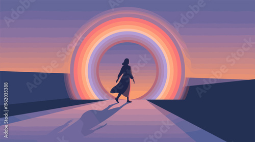 A silhouette of a woman walks towards a surreal rainbow portal. This illustration represents a journey, new beginnings, hope, and the future. Perfect for spiritual or tech concepts.