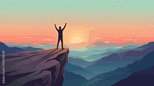 A silhouette of a person celebrating on a mountain peak at sunrise. This vector illustration evokes success, achievement, and freedom. Ideal for business and motivational concepts.