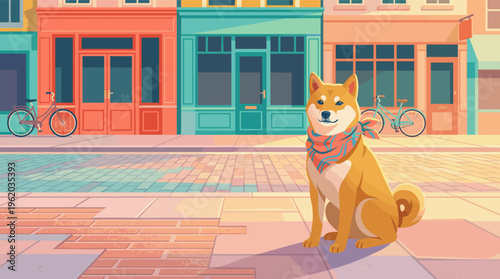 Charming illustration of a Shiba Inu dog sitting on a sidewalk in a colorful city. This friendly urban scene is perfect for pet care, travel, or lifestyle content.