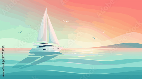 A luxury yacht sails on a calm sea during a colorful sunset. This peaceful vector illustration with pastel tones is perfect for travel, vacation, or lifestyle concepts.