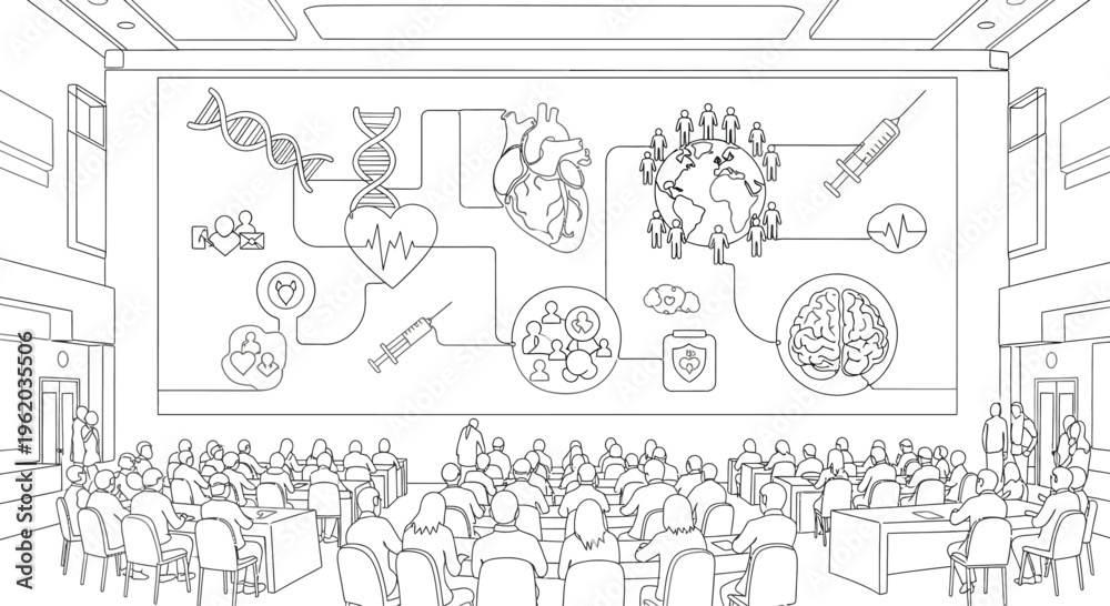 Naklejka premium black and white illustration of a large screen with a presentation in a crowded conference room