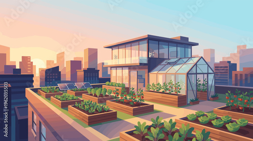 Vector illustration of a modern urban rooftop garden with a greenhouse and solar panels. A peaceful cityscape at sunset, ideal for sustainability and eco-living concepts.