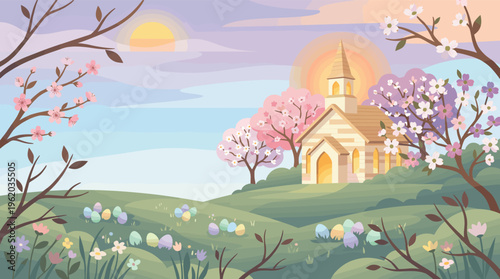 A serene Easter morning scene with a country church on a green hill, blooming trees, and colorful eggs. Perfect for holiday greetings and spring celebrations.