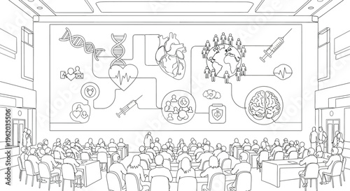 black and white illustration of a large screen with a presentation in a crowded conference room