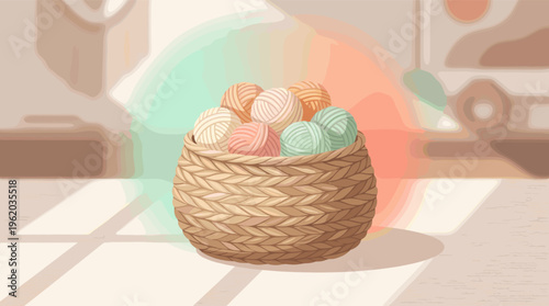 Charming vector illustration of a wicker basket with pastel yarn balls. A cozy, warm scene perfect for crafting, hobby, knitting, or handmade business concepts.
