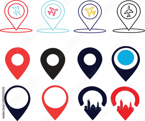 Free Download Map location pin icon set with airplane symbol and city silhouette for travel and navigation. Vector, illustration - GFXLoad