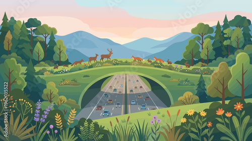 Vector illustration of a wildlife overpass with animals crossing a highway. Concept for ecology, conservation, and sustainable infrastructure coexistence with nature.