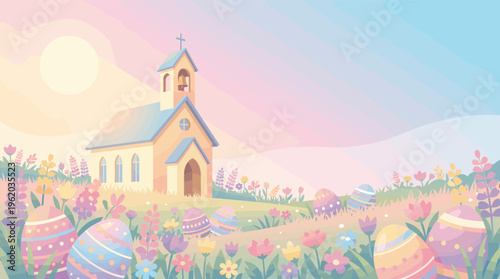 A serene Easter morning illustration with a church on a hill. Colorful eggs hide in a spring meadow at sunrise. Perfect for holiday greetings, banners, or religious events.