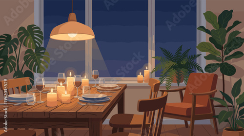 A warm, inviting dining room set for a romantic dinner. The cozy interior features a candlelit table, houseplants, and a large window showing the night sky. Perfect for holiday themes.