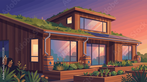 Illustration of a modern eco house with a green roof, solar panels, and garden at sunset. Concept for sustainable living, green architecture, and renewable energy.