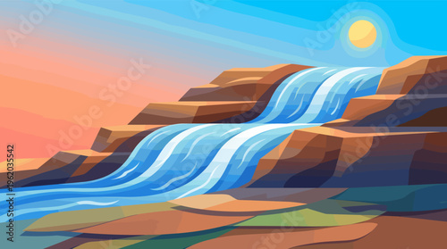 A vibrant, modern illustration of a waterfall cascading over rocks at sunset. This peaceful, scenic landscape is perfect for travel, nature, or wellness themes.