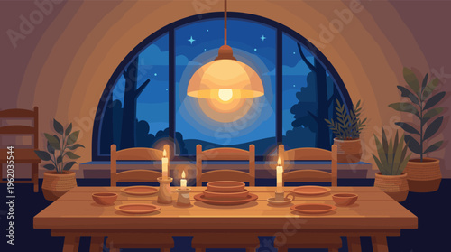 Cozy, candlelit dinner table set for a gathering in a warm dining room. The large window shows a peaceful night sky. Ideal for family, holiday, and hygge concepts.