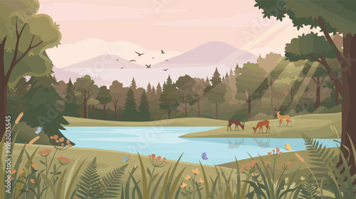 A serene forest landscape with deer by a lake at sunrise. This peaceful nature illustration is ideal for backgrounds, conservation themes, and children's media.