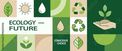 Ecology and future concepts with icons for sustainability and conscious choices