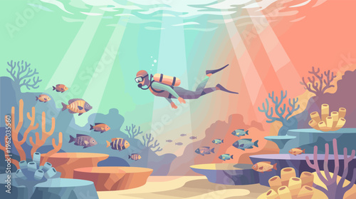 Vector illustration of a scuba diver exploring a vibrant coral reef. A serene underwater scene with colorful fish, ideal for travel, adventure, and marine conservation themes.