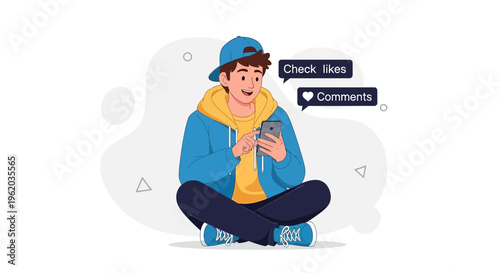 Young man checking social media notifications on his phone, sitting cross-legged