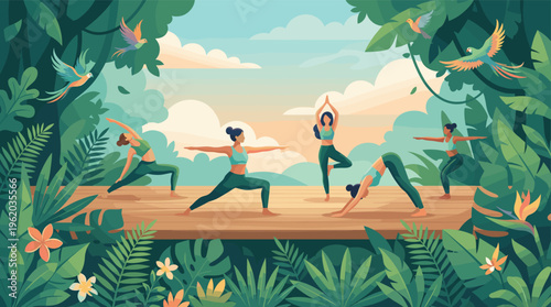 Women at a yoga retreat in a tropical jungle. A serene flat vector illustration about harmony, wellness, and mindfulness. Perfect for health and travel concepts.