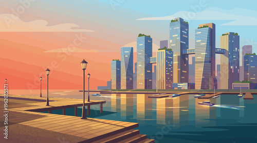 A tranquil vector illustration of a modern city skyline at sunset. Features a waterfront pier, marina, and skyscrapers. Ideal for business, real estate, and travel concepts.