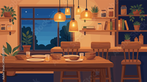 A cozy dining room with a wooden table set for dinner at night. Warm lights create an inviting atmosphere, perfect for family gathering concepts. Vector illustration.
