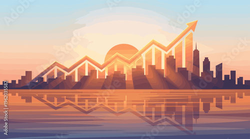 Abstract city skyline with a rising arrow chart symbolizing business growth and financial success. Warm sunrise colors create an optimistic mood for corporate or economic concepts.