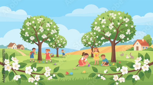 Happy children hunt for colorful eggs in a sunny spring garden. A joyful cartoon scene of Easter fun and outdoor games, perfect for holiday greetings and family event promotions.