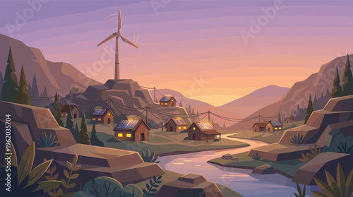 A peaceful mountain village powered by renewable energy. A wind turbine and solar panels provide electricity to homes at sunset. Ideal for sustainability or technology concepts.