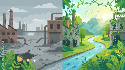 A powerful comparison of a polluted industrial wasteland versus a vibrant, clean nature reclaiming an abandoned factory. Concept for ecology, hope, change, and a green future.