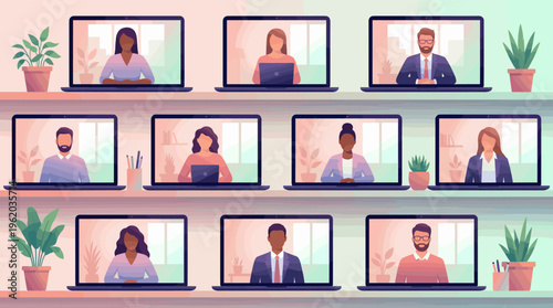 Illustration of a diverse business team in a virtual meeting. Concept for remote work, online collaboration, webinar, and digital communication in a modern corporate world.