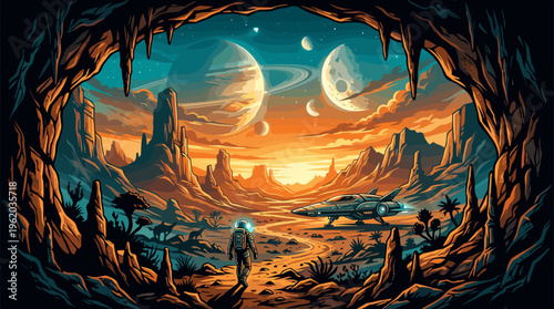 An astronaut explores an alien planet's landscape with a spaceship nearby. A cave frames the view of a vibrant sunset sky with planets. Concept of space exploration and discovery.