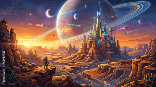 An astronaut gazes at a futuristic city on a desert alien planet at sunset. An epic sci-fi illustration for book covers, games, or futuristic technology concepts.
